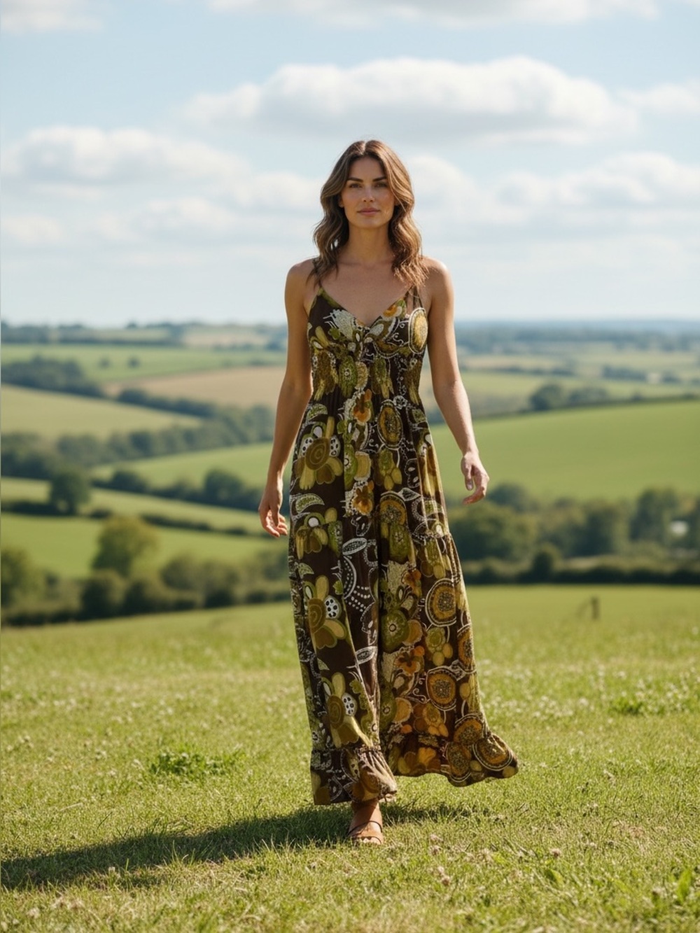 Boho Print 100% Cotton Smocked Whimsical Romantic Maxi Dress Green Brown Size M - Picture 5 of 5